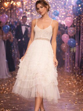 POL Romantic Fluttering Soft Tiered & Crochet Party Prom Sexy Girly Maxi Dress